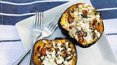 Stuffed Acorn Squash with Sausage, Spinach, and Feta