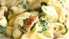 Tortellini with Spinach and Sun-Dried Tomatoes in a Garlic-Parmesan Cream Sauce