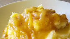 Apple Mashed Potatoes with Caramelized Onion Cider Gravy