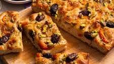 Apricot and Olive Focaccia with Honey and Pistachios