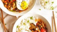 Chickpea and Mushroom Stir Fry with Fried Eggs