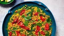Chickpea and Spinach Paella with Roasted Red Pepper Salad