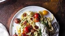 Garlic and Herb Roasted Cherry Tomato Carbonara w/Crispy Prosciutto + Burrata.