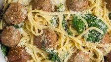 Garlic Olive Oil Pasta with Meatballs and Spinach