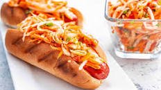 Hot Dogs with Spicy Kimchi Slaw