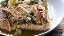 lemon infused salmon with a fruit spinach medley