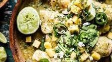 Lightened Up Salsa Verde Chicken Enchiladas with Pineapple Avocado Salsa.