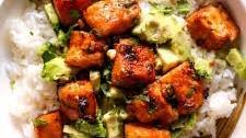 maple chipotle salmon and avocado rice bowls