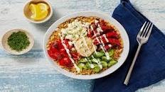 Mediterranean Couscous Bowls with Hummus, Cucumber Salad, & Lemon Cream