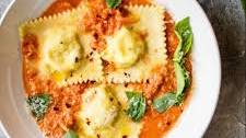 mushroom-ricotta ravioli with tomato-vodka sauce