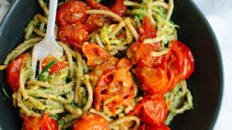 Pesto Squash Noodles and Spaghetti with Burst Cherry Tomatoes