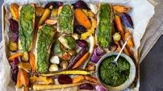 Roasted Vegetables and Sage Pesto Baked Salmon