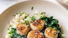 Scallops over Wilted Spinach Parmesan Risotto
