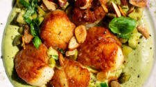Seared Scallops with Whipped Cauliflower, Olives, and Almonds