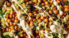 Shaved Brussels Sprouts Salad with Chickpeas and Lemon Tahini Dressing