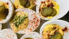 southern deviled eggs made with relish and pickle juice