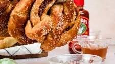 Spicy Beef & Cheese Stuffed Pretzels with Honey Mustard Sauce