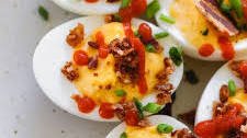 Spicy Deviled Eggs with Sriracha Bacon