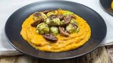 Sweet Potato Mash With Maple-Pecans and Brussels Sprouts [Vegan]