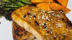 Teriyaki Glazed Tofu with Sesame Broccolini and Sweet Potato Fries