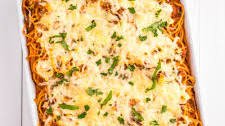 The Best Cheesy Baked Spaghetti Casserole with Meat Sauce