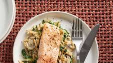 15-Minute Salmon & Creamy Orzo with Spinach & Mushrooms