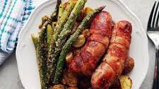 Bacon-Wrapped Sausages with Garlic Parmesan Asparagus and Potatoes