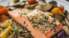 Baked Lemon Herb Salmon with Roasted Vegetables and Quinoa Salad