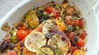 Baked Salmon with Tomatoes, Olives, Feta, Lemon & Herbs