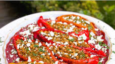 Baked Stuffed Peppers With Rice & Chickpeas in a Spicy Harissa Tomato Sauce Sprinkled with Feta