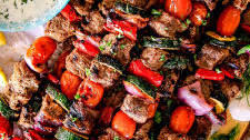 Beef Greek Kabobs with Whipped Feta Tzatziki Dip