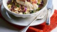 Breaded harissa cod with lemon and red onion couscous