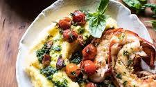 Brown Butter Lobster with Kale Pesto Polenta and Cherry Tomato Bacon Pan Sauce