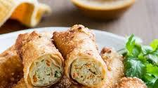 CHICKEN VEGETABLE EGG ROLLS W/ PEANUT HOISIN DIP
