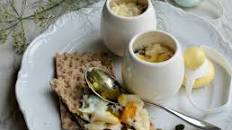 Cheesy Coddled Eggs with Smoked Fish, Sorrel & Dill