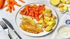 Cheesy Crusted Sea Bass with Roasted Potatoes and Honey Mustard Carrots