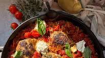 Chicken Thighs with Roasted Tomatoes, Orzo & Ricotta
