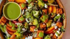 Chipotle Tofu, Peach, and Corn Salad with Feta and Cilantro Lime Dressing
