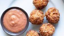 Coconut Fried Rice Balls with Spicy Peach Dipping Sauce