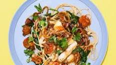 Cod puttanesca with spinach & spaghetti