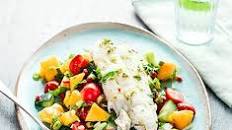 Cod with cucumber, avocado & mango salsa salad