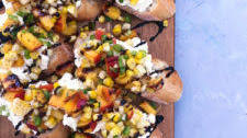 Corn, Peach, & Jalapeño Salsa with Burrata on Toast Points