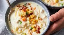 Creamy chicken noodle soup with mini croutons