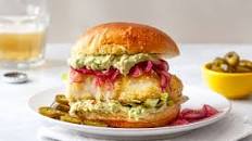 Crispy Baked Fish Sandwiches with Avocado Mayo and Pickled Onion