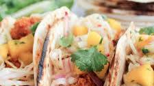 Crispy Fish Tacos with Mango Salsa and Avocado Salsa Verde