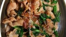 Crispy Pork and Chrysanthemum Greens Stir-Fry with Bonito Flakes