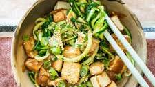 Crispy Tofu and Zucchini Noodles with Tahini and Soy Dressing