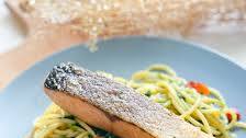 Crispy salmon with spinach aglio e olio