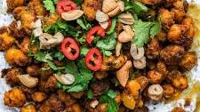 Crunchy Curried chickpeas with Raita + Mango Chutney