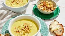 Curried celery soup with a walnut and apple pesto recipe